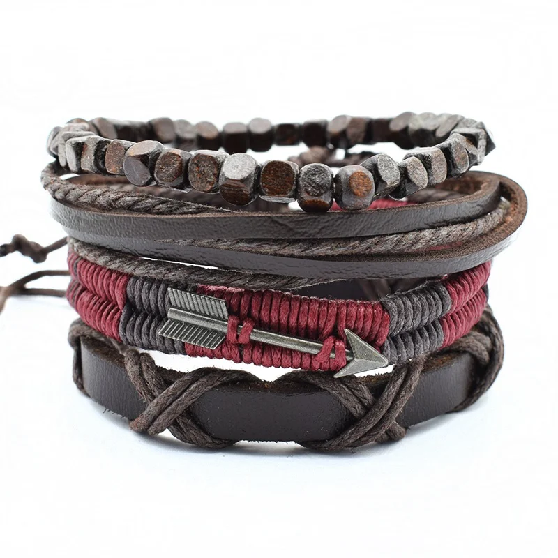 Vintage Multi-layer Bead Leaf Charm Leather Bracelet Men Fashion Braided Handmade Star Rope Wrap Bracelets & Bangles Male Gift