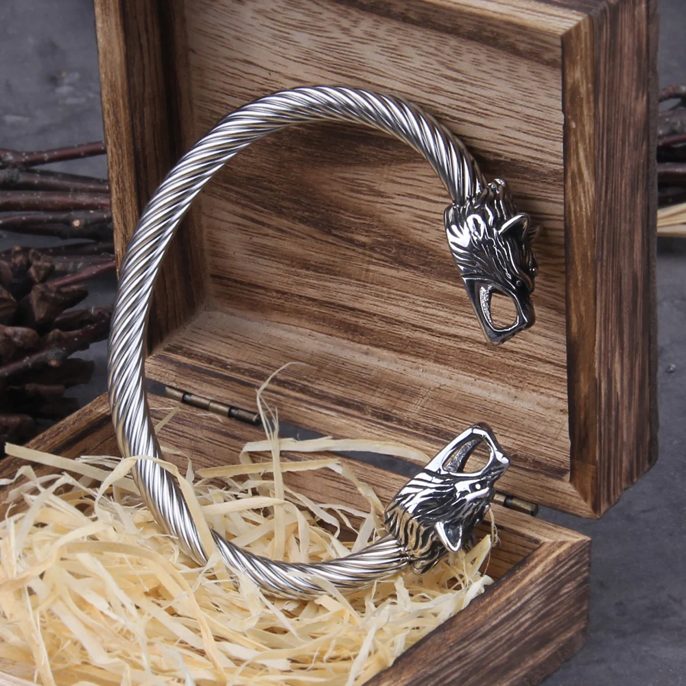 Stainless Steel Nordic Viking Dragon Bracelet adjustable Men Wristband Cuff Bracelets with Viking Wooden Box