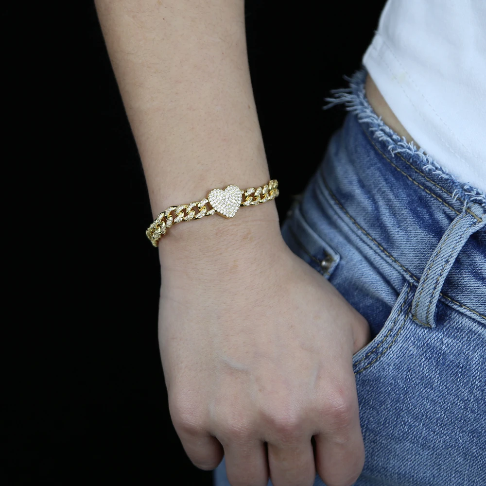 

Iced Out Women Cuban Chain With 5A Crystal Cz Paved Heart Charm Bracelet Bangle For Women Lady Hip Hop Jewelry Wholesale