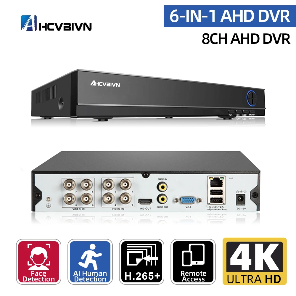 4K AHD DVR Human AI Face Recognition Record&Face smart Playback 8CH 6 IN 1 DVR Recorder For CCTV Security Surveillance System