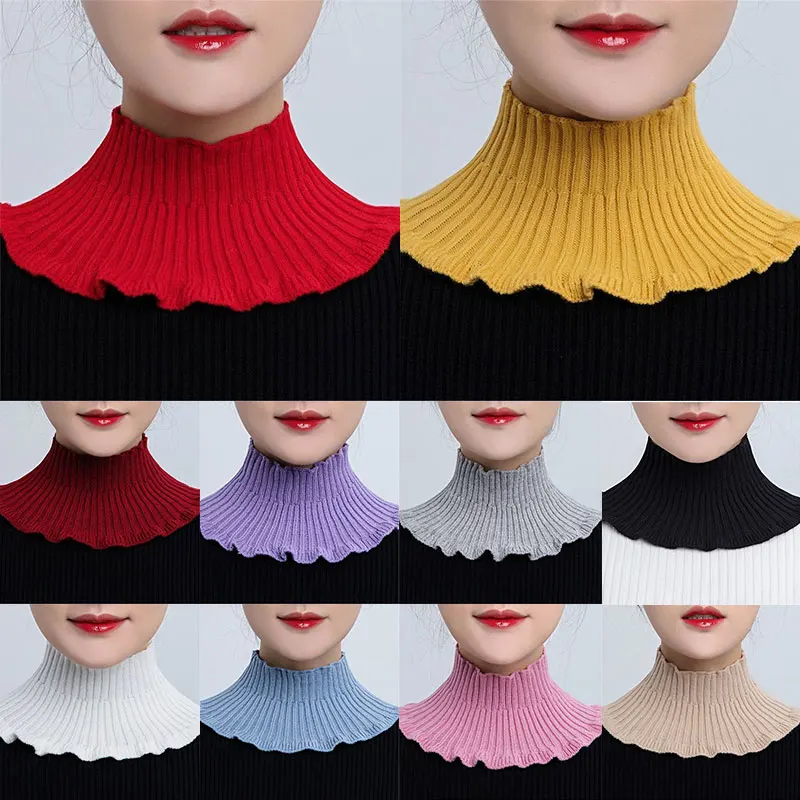 Cuello de tortuga de punto para mujer, cuello falso elástico de Color sólido, cubierta de cuello con volantes, bufanda envolvente desmontable a