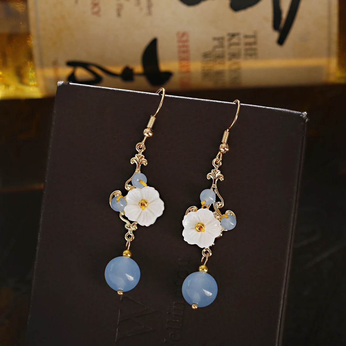 Natural Stone Earrings Rings For Women Elegant Vintage Earring Long Dangle Chinese Style Jewelry Gift For Girl Hanfu Accessories