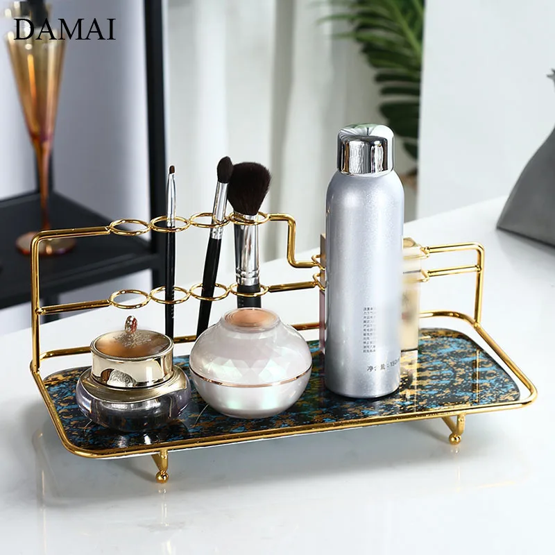 Golden Metal Frame Tray Cosmetic Container Toothbrush Toothpaste Shelves Drain Rack Home Bathroom Store Storage  Ceramic Trays