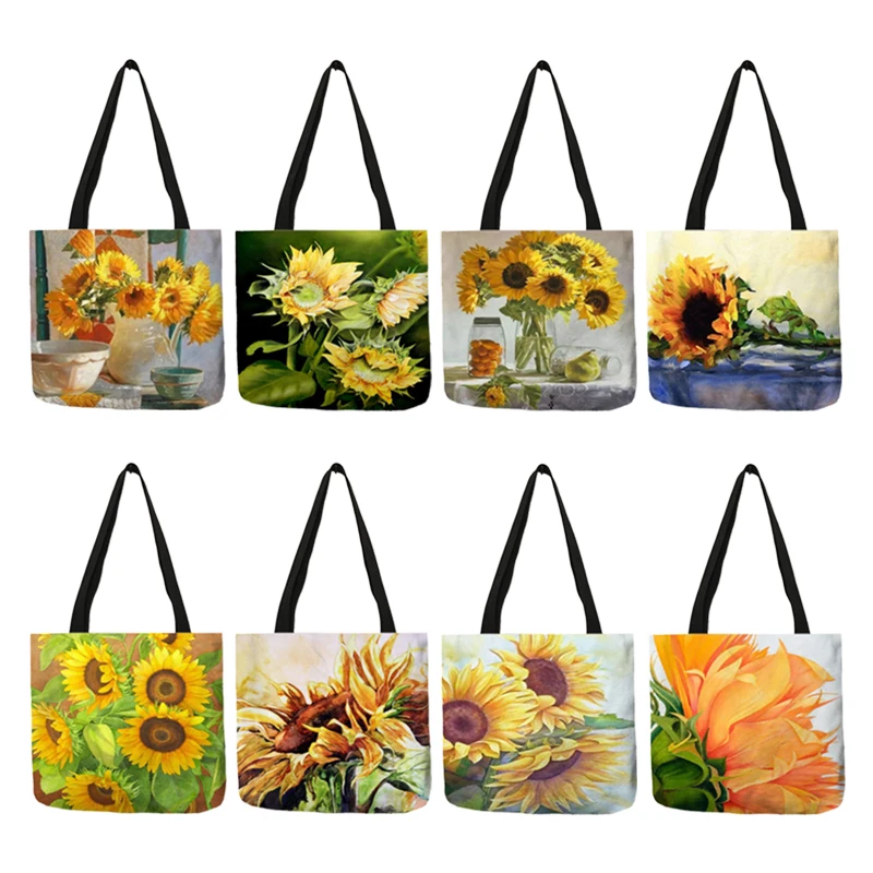 Excellent Bolso Shoulder Bags Oil Painting Style Sunflowers Handbag Eco Linen School Work Daily Use Casual Shopping Totes