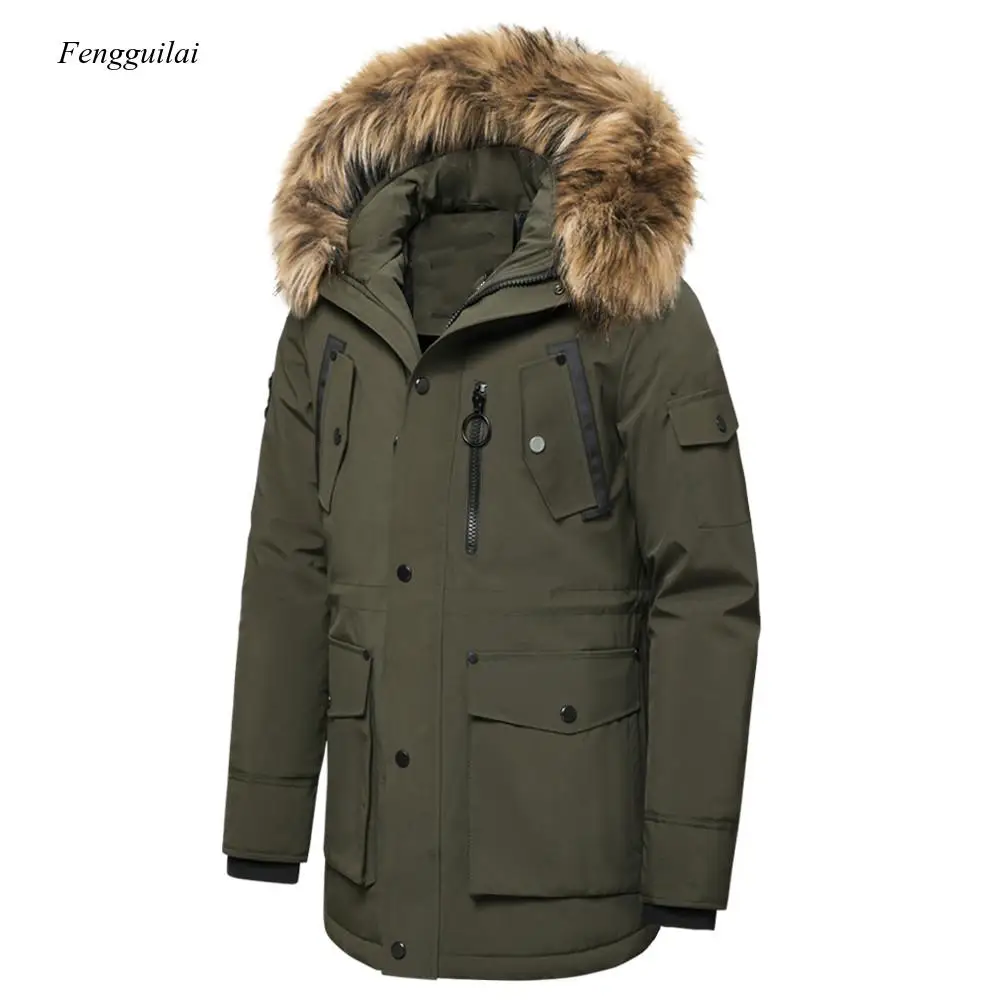 

2020 Winter New Casual Faux Fur Collar Long Thick Parkas Jacket Coat Outwear Hooded Pockets Waterproof Jackets Parka Men