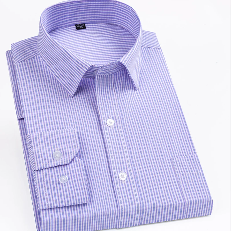 

Anti-Wrinkle Men Work Shirts Regular Fit Long Sleeve Casual Dress Checkered Shirt Mens Purple Striped Clothing With Front Pocket