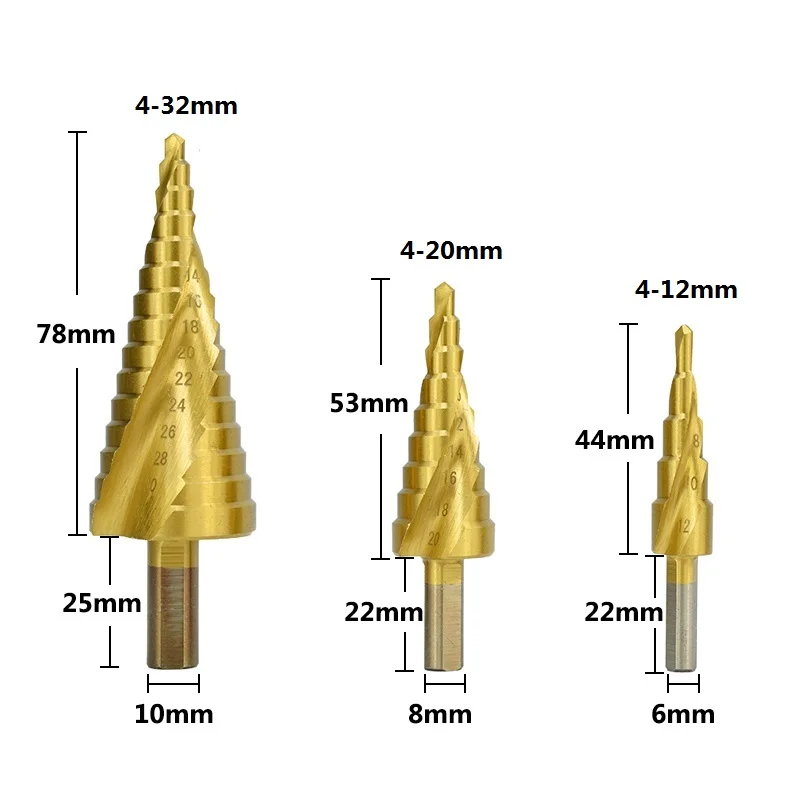 XCAN HSS Step Cone Drill Bit Titanium Coated 4-12/20/32mm Core Drill Bit for Wood Metal Drilling Spiral Grooved Cone Hole Cutter