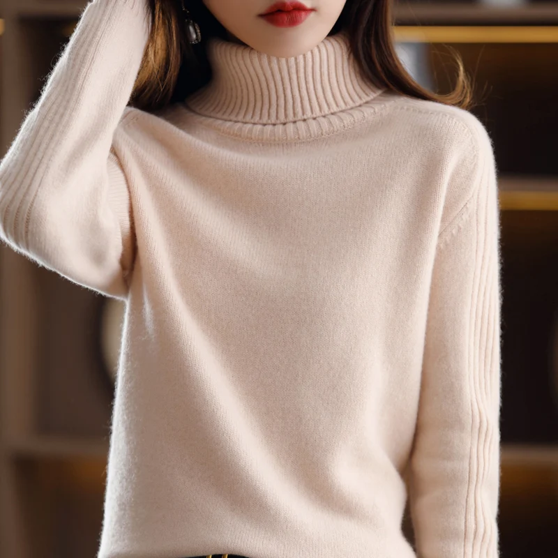 Autumn Winter New 100%Pure Wool Sweater Women High Lapel Knit Base Shirt Cashmere Loose Thick Long-Sleeve Blouse Warm Pullover