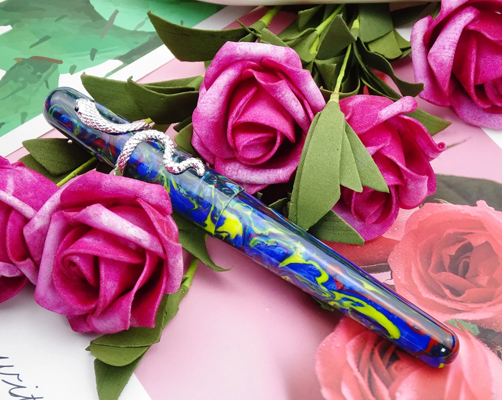 

Fuliwen 017 Fountain Pen Blue Resin Acrylic Starry Night Big Size Pen with Unique Snake Ring M Nib Luxury Gift Pen