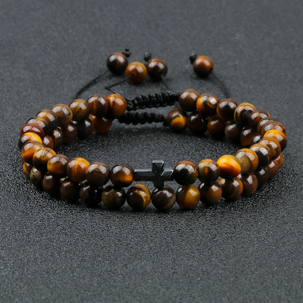 Couples Distance Beads Bracelet Fashion Hematite Cross Tiger Eye Stone Bracelets Handmade Yoga Prayer Jewelry Homme Bileklik