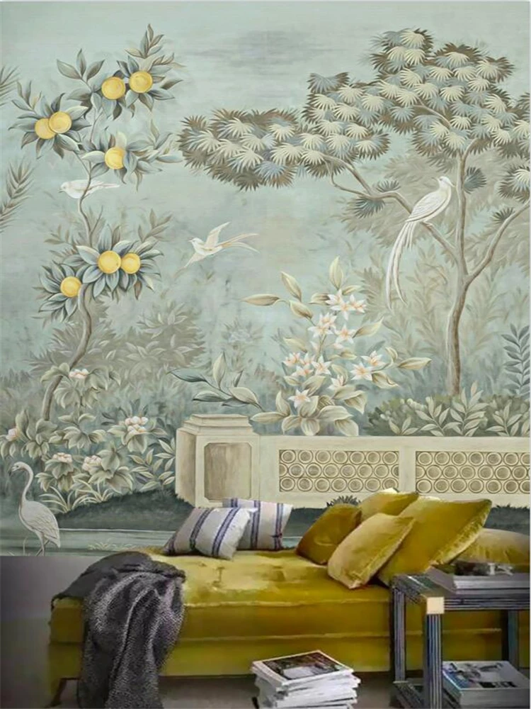 wellyu Custom European-style retro mural 3d palace hand-painted flower and bird pastoral mural living room bedroom porch mural