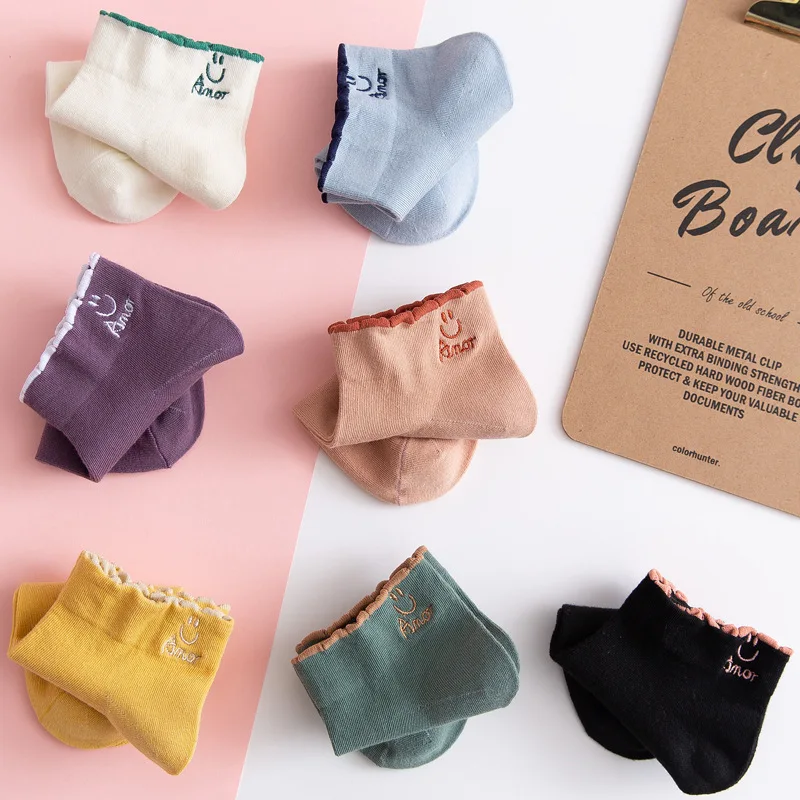 14Pieces=7Pairs/Lot Socks Women Cute Cartoon Cotton Funny Happy Ankle Socks Pack Japanese Harajuku Embroidery Casual Socks Set