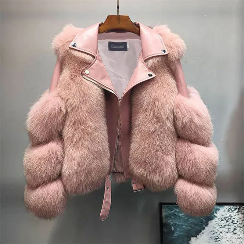 Office Lady Faux Fox Fur Winter Women Short Zipper Jacket Female Imitation Leather Stitching Model One Fur Parkas Biker Overcoat