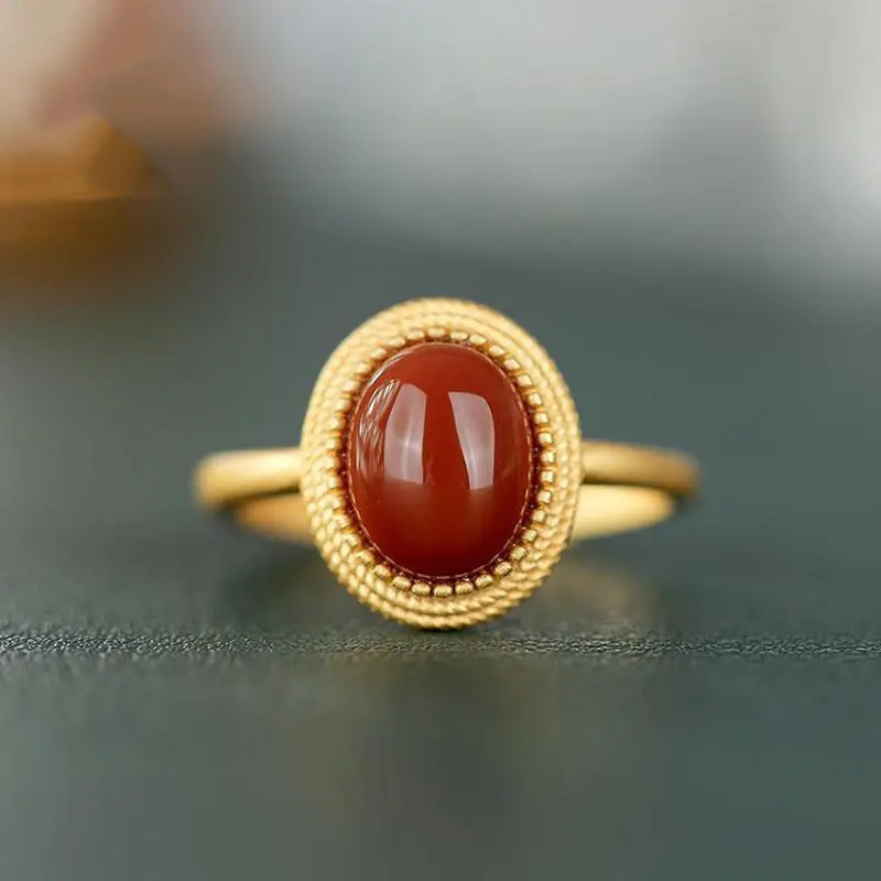 

Designer original New inlaid natural egg round chalcedony opening adjustable ring retro palace style ladies jewelry