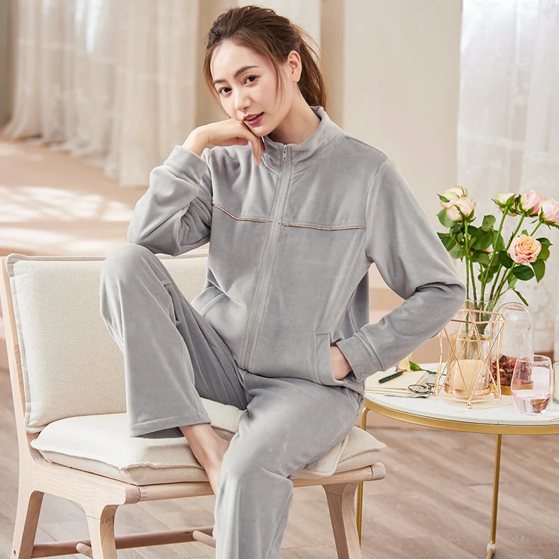 Mới Mùa Đông Dài Tay Đảo Nhung Pyjamas Nữ Dày Dép Nỉ Dây Kéo Cardigan Bộ Đồ Ngủ Thời Trang Lớn Thước Pijamas Mujer