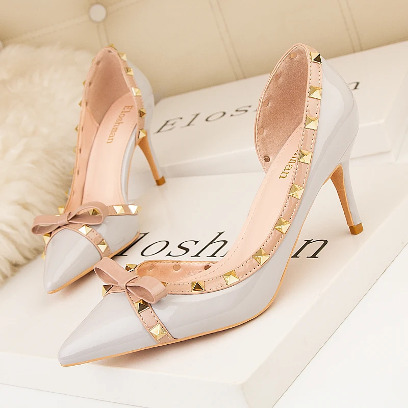 2025 Summer New Lacquer Leather Rivet Pointed High Heels Fashion Side Hollow Shallow Mouth Women's Thin Pumps Single Shoes 34-41