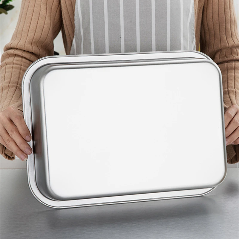 Thicken Stainless Steel Bakeware Rectangle Food Storage Shallow Trays Barbecue Fruit Bread Pans Baking Plates Kitchen Supplies