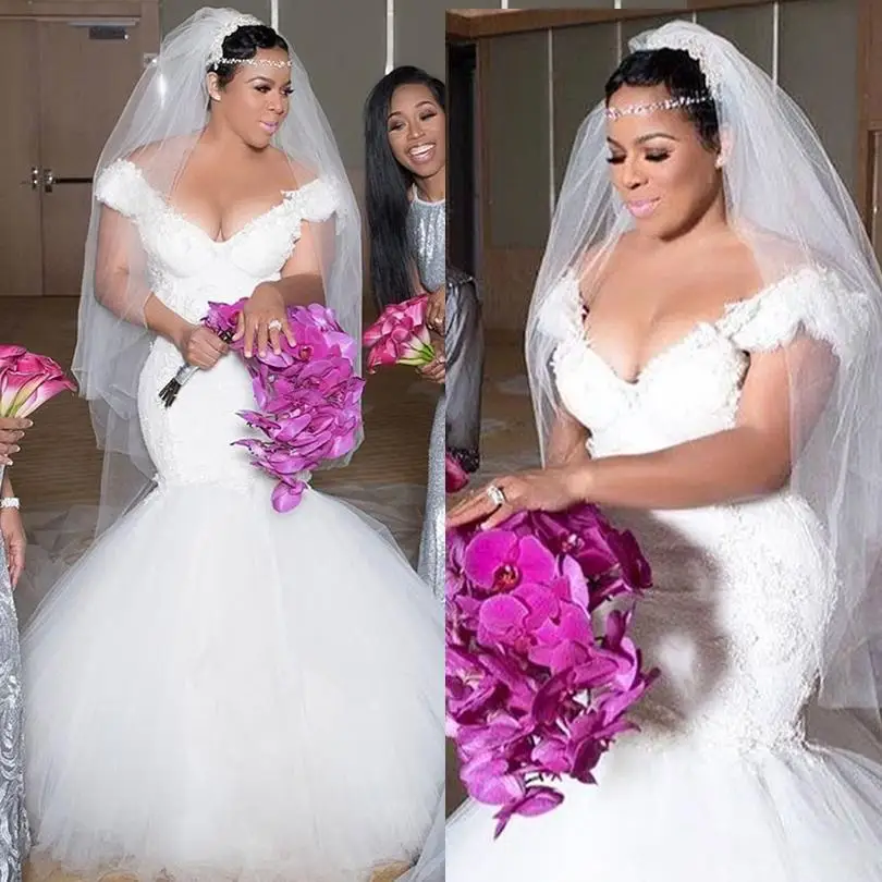 

Plus Size Mermaid Wedding Dresses Lace Appliques Cap Sleeves South African Sweep Train Bridal Gowns Robe De Marie