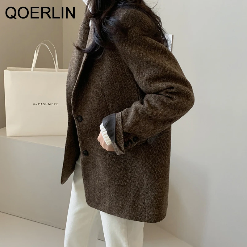 QOERLIN 10% Wool Blazer Coat Autumn Winter Women Elegant Single-Breasted Pocket Office Wear Notched Collar Thick Blazer Coat