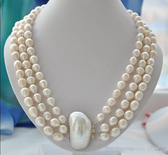 

FREE shipping NATURAL 3strands 12mm rice white Freshwater pearl necklace mabe 23inch