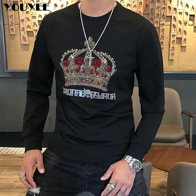 

Men Classic Casual Pullover Hoodie Crown Rhinestone Plush Thickening Sweatshirt Fashion Streetwear O-Neck Mens Clothes Top Winer