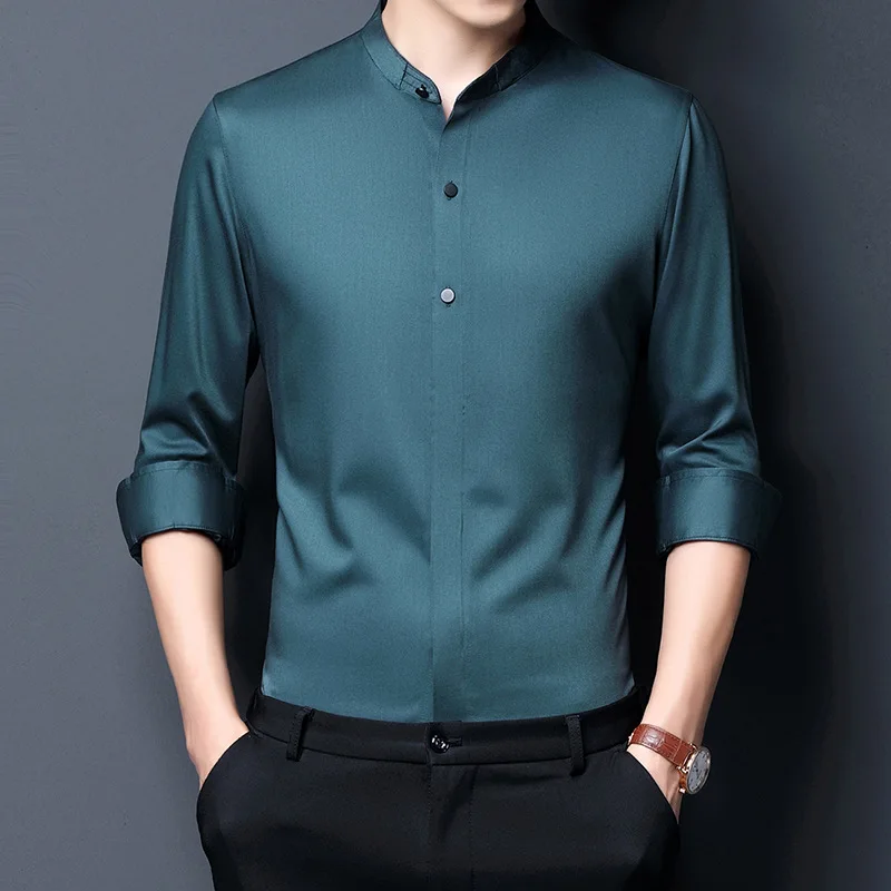 

Solid Slim Fit Long Sleeve Mandarin Collar Dress Shirt Men Brand Formal Shirts Casual High Quality Black Chemise Man Business XL