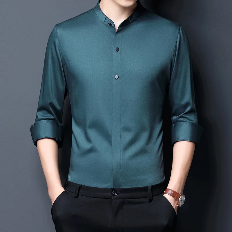 Solid Slim Fit Long Sleeve Mandarin Collar Dress Shirt Men Brand Formal Shirts Casual High Quality Black Chemise Man Business XL