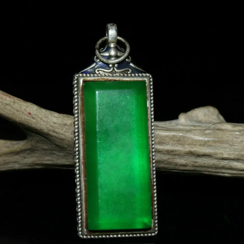 

Old Chinese Tibetan silver inlaid green jade handmade work pendant