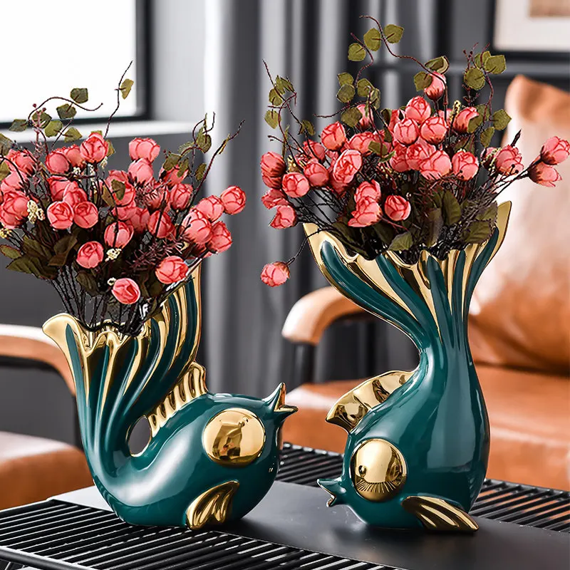 

Modern Couple Fish Ceramic Vase Artificial Flower Arrangement Home room Desktop Furnishing Crafts Fengshui Office Decoration Art