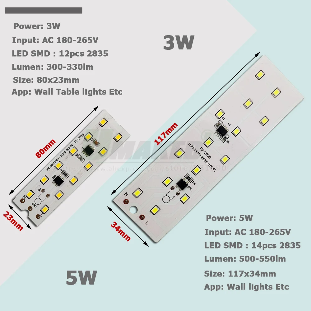 10pcs AC220V LED PCB 3W 5W LED Wall light Module Aluminum plate White/Warm SMD2835 Smart IC Driver For Table Lamps Corner Light