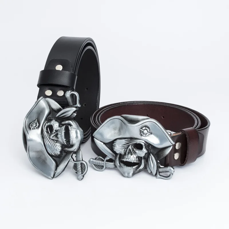 

Western cowboy punk real cowhide pirate captain zinc alloy belt buckle men's personality casual cowboy leather belt