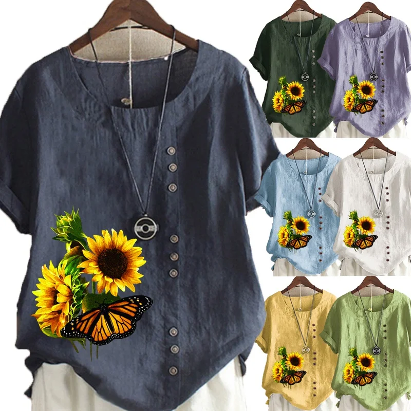 

New Women Summer Casual Sunflower Print Loose T-shirts Vintage Round Neck Plus Size Short Sleeve Blouse Tops S-5XL