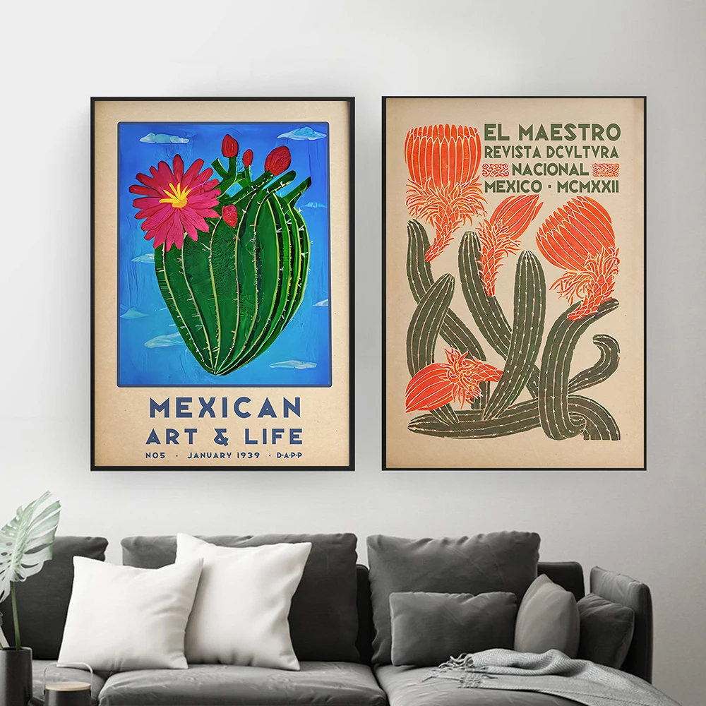 Mexican Culture Exhibition Wall Art Floral Vintage Poster and Prints Canvas Painting Cactus Picture Living Room Home Decor