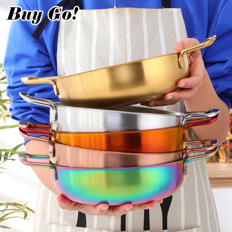 Household Stainless Steel Hotpot Flat Bottom Cooking Pan Pot Cookware Shallow Stew Seafood Kitchen Stockpot For Induction Cooker