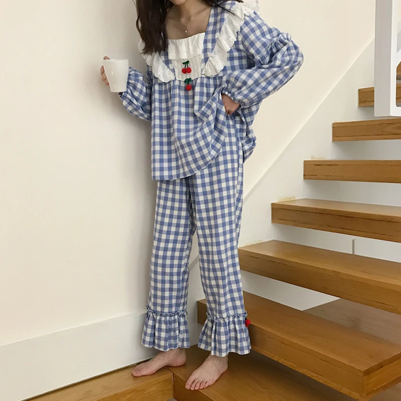 Sweet Lolita Style Square Collar Plaid Pajamas Suits Princess Cute Cotton Sleepwear Autumn Women Loose 2Piece/Set Home Clothes