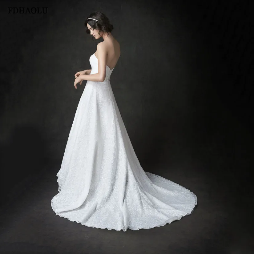 Fdhaolu FU70 Sexy Een Lijn Trouwjurk Kant Applicaties Satin Bridal Dress Bohemian Bruidsjurken Floor Lengte Vestido De Noiva