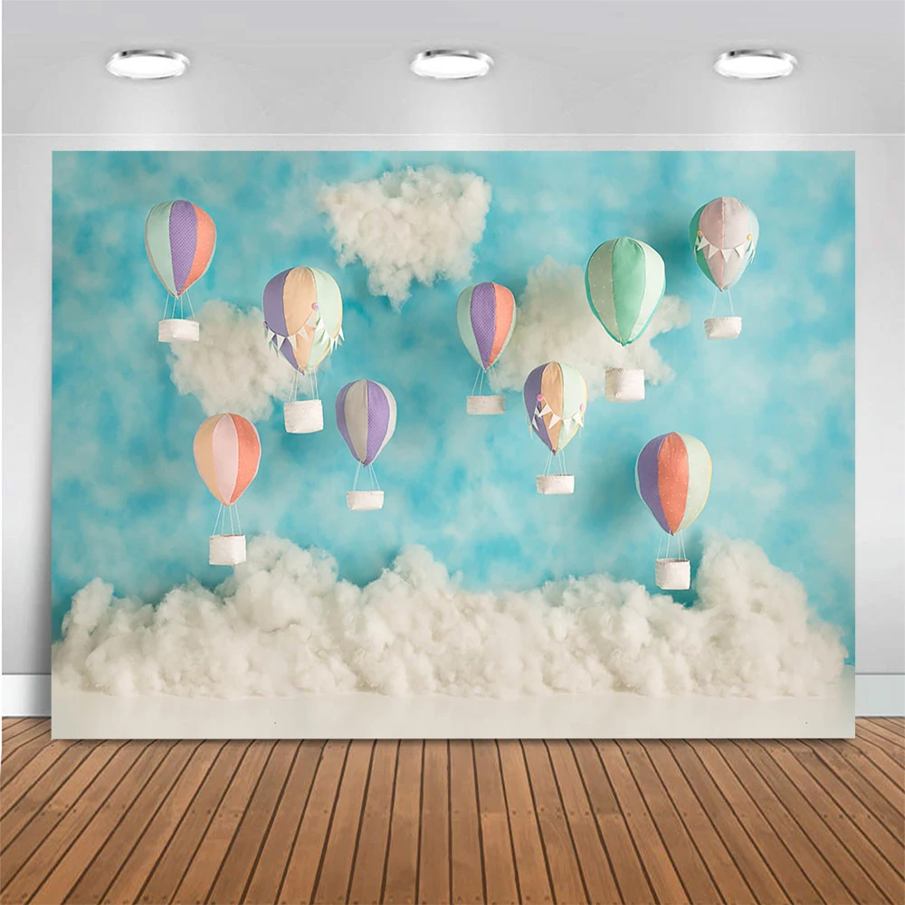 เค้ก Smash การถ่ายภาพพื้นหลัง Hot Air Balloon Theme Blue Sky เมฆสีขาวเด็ก1st วันเกิดฉากหลังปาร์ตี้ Photo Studio
