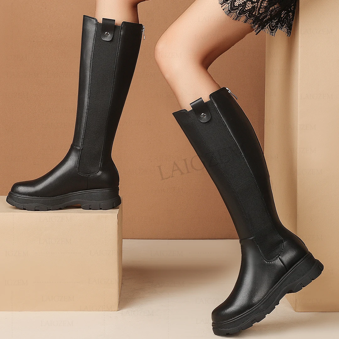 

LAIGZEM Women Knee High Boots Genuine Leather Back Zip Low Heels Tall Boots Wide Calf Friendly Shoes Woman Big Size 33 35 41 43