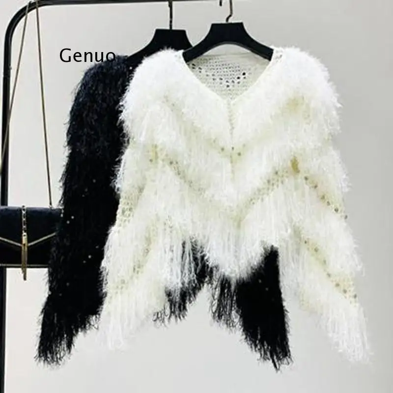 Luxury Rhinestone Tassels Sweater Coat Irregular Crocheted Sequins Fringed Knit Cardigan Bat Sleeve Hollow Beaded Faux Fur Tops