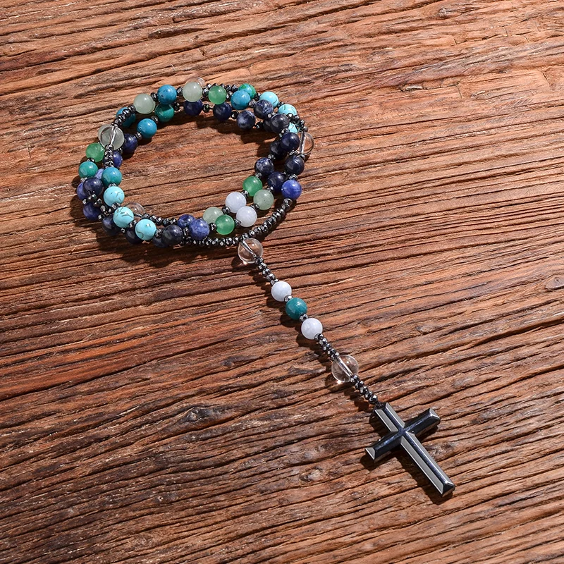 

Natural Sodalite Mala Beads Cross Catholic Christ Rosary Necklaces Hematite Pendant For Women And Men