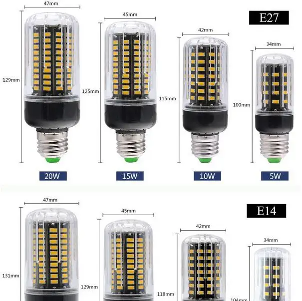 Real Watts No Flicker E27 E14 3W 5W 7W 9W 12W 15W SMD 5736 LED Corn lamp No stroble B22 Bulb 85V-265V Light For Home