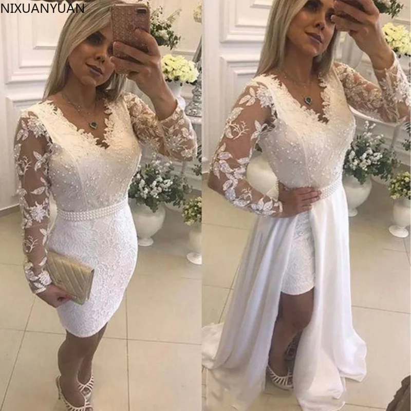 

A-Line White Lace Wedding Dress 2023 with Sash Vintage Appliques Pearls V-Neck Detachable Sweep Train Skirt Bride Dresses