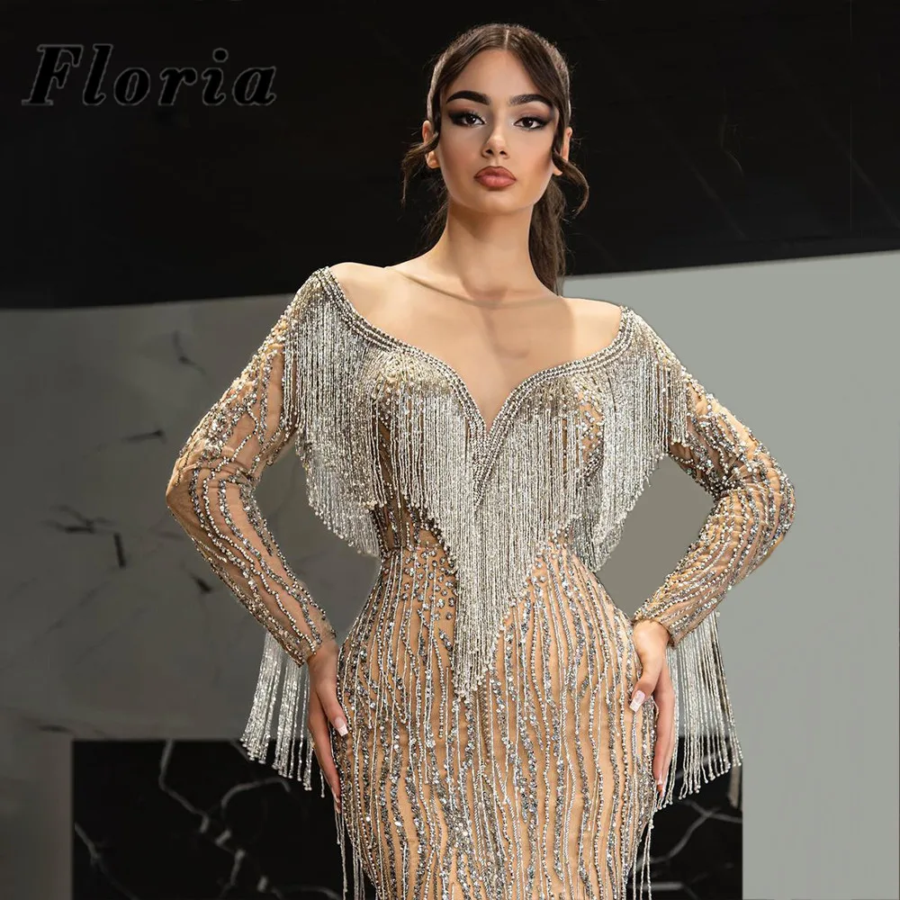 Floria Handmade Tassel Beading Evening Dresses Robes Dubai Split Mermaid Party Cocktail Gowns Plus Size Vintage Prom Dresses