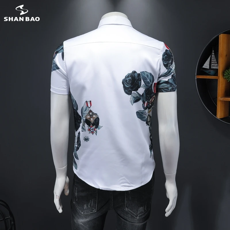 SHANBAO brand original rose splash ink printing men\'s casual short-sleeved shirt 2020 summer new fashion shirt black white19200