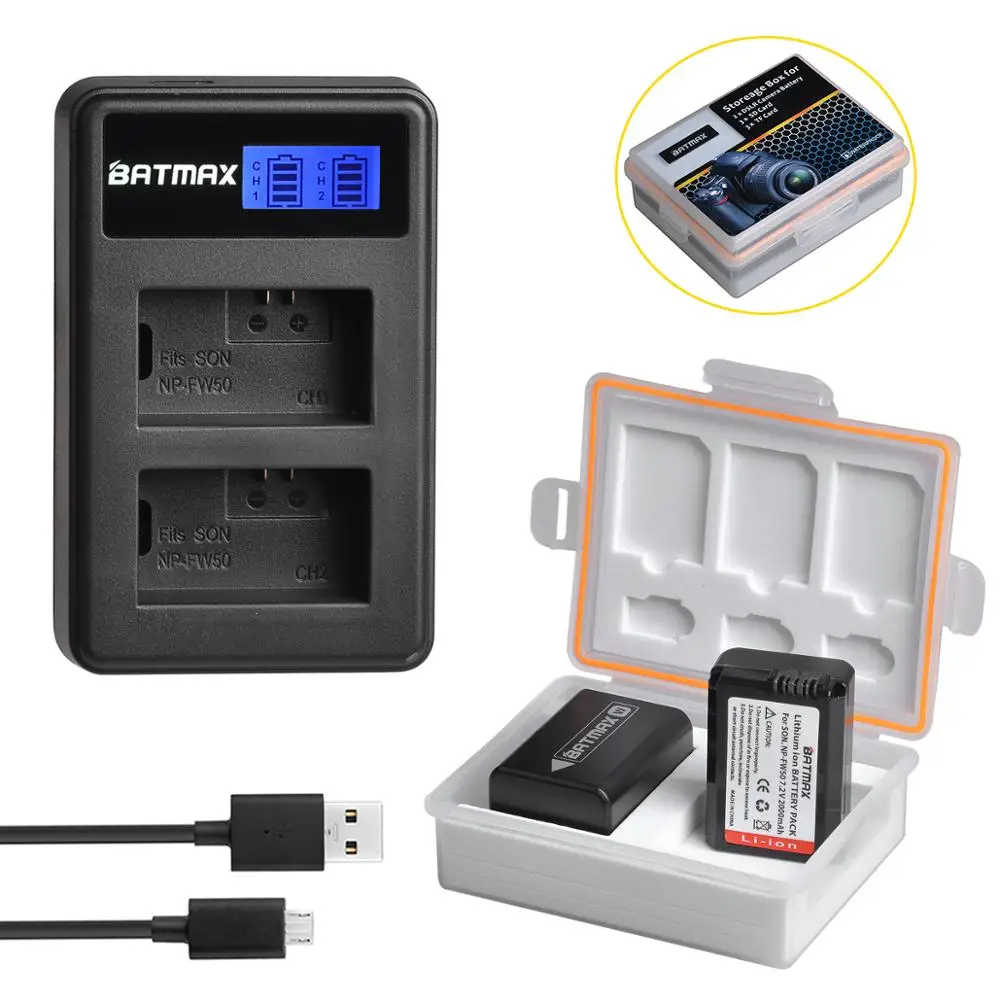 Batmax 2pcs NP-FW50 Battery+LCD Dual Charger+Box for Sony ZV-E10L Alpha 7 7R II 7S  a37 a7S a7R II a5000 NEX-7 RX10 RX10 II III