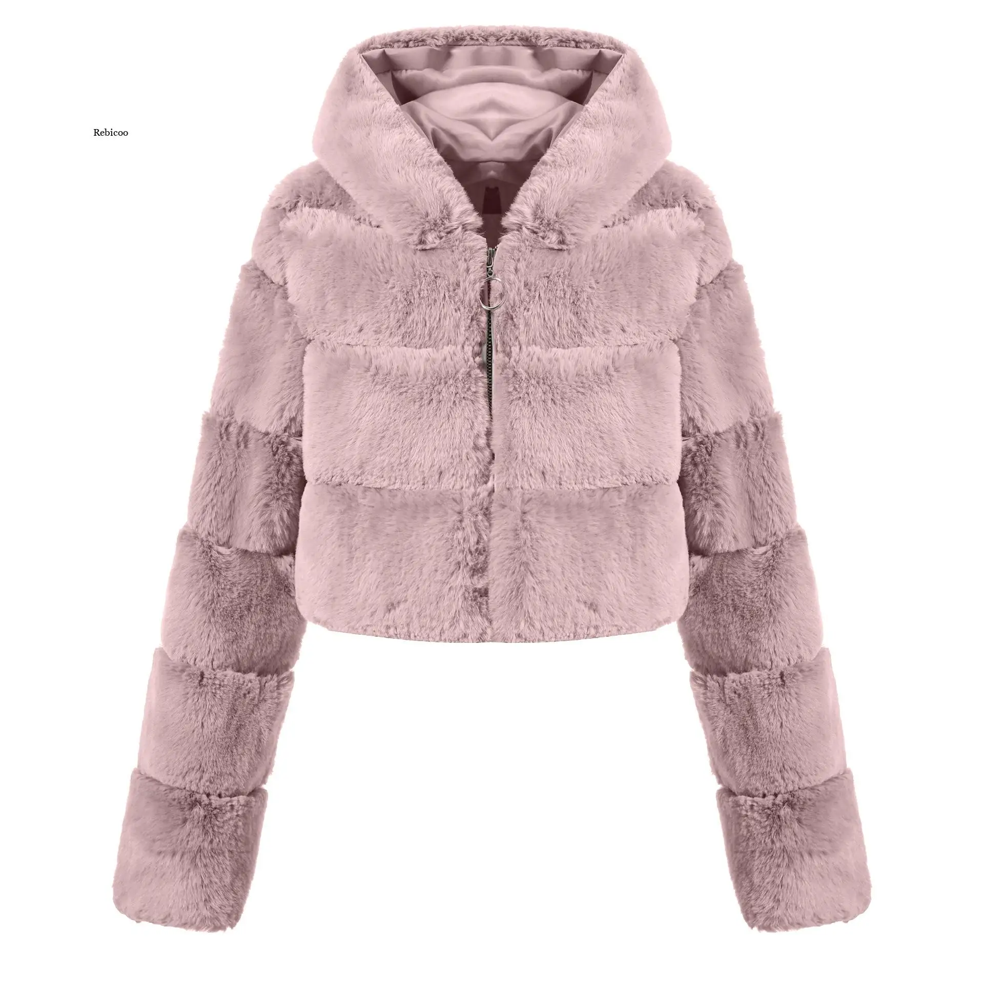 

Winter Luxury Short Black Faux Mink Fur Coat Women with Hood Long Sleeve Thick Warm Fluffy Furry Jacket