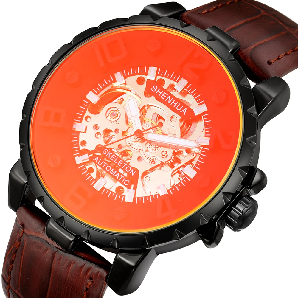 Orologio meccanico automatico da uomo scheletro Steampunk creativo quadrante rosso trasparente orologi da polso da uomo in pelle marrone