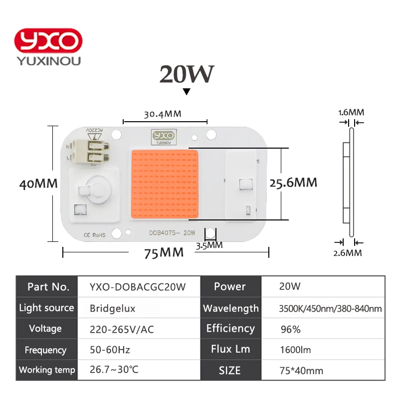 1pcs Hydroponice AC 120V 50w dob led grow light cob led chip full spectrum 370nm-780nm for Indoor Plant Seedling Grow and Flower