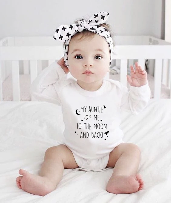 My Auntie Loves Me to the Moon and Back Letters Cotton Rompers Baby Girl Infant Long Sleeve Jumpsuit Newborn Baby Girls Onesie