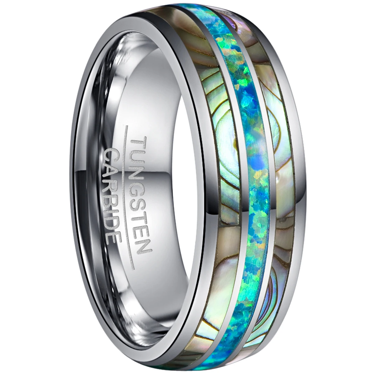 Tungsten Carbide Ring 8mm wide Dome Steel Inlaid With Two Acacia Green Color Opal Tungsten Steel Ring